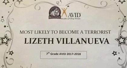 Teacher hands out MOST LIKELY TO BECOME A TERRORIST AWARD to young student!